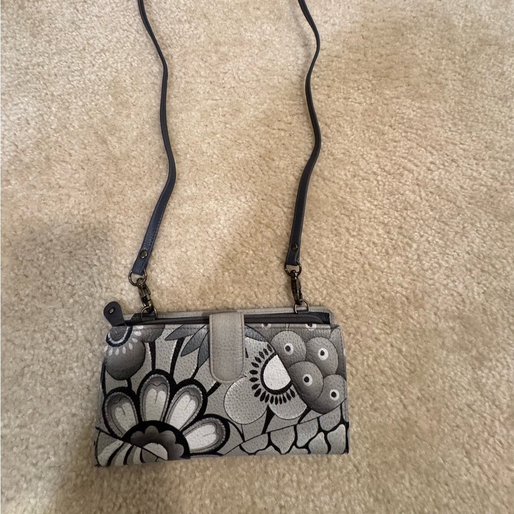 Anuschka Hand Painted Leather Floral Crossbody Wallet Gray Black
